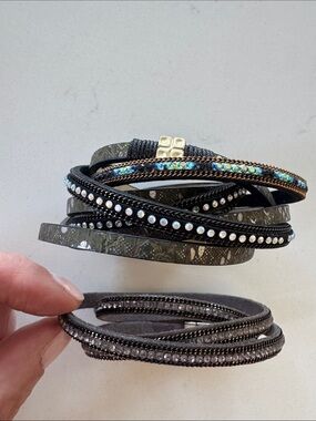 Layered Black & Grey Wrap Bracelets with Iridescent Rhinestones NWOT